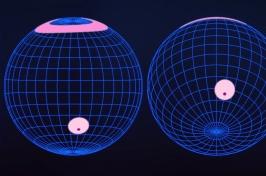 两个球体的图解, 紫色和粉色的色调, 它代表了从地球上看到的中子星.